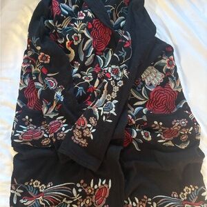Johnny Was Black Embroidered Cardigan Jacket with Multicolor Stitching